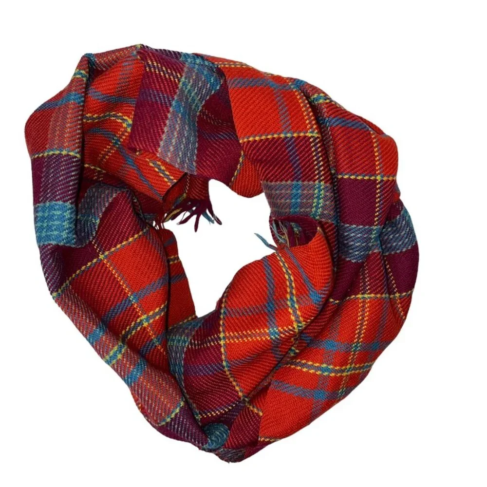 Burnished Orange red wool vintage plaid scarf 63x13